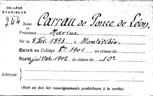 Attendance card of MARIO J. CARRAU at Coll&egrave;ge Stanislas.